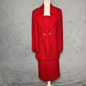 Stella Louise KB Size 10 Red Silk Tweed Skirt Suit Set Vintage Glam
